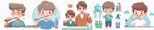 Vector of a boy brushing his teeth.