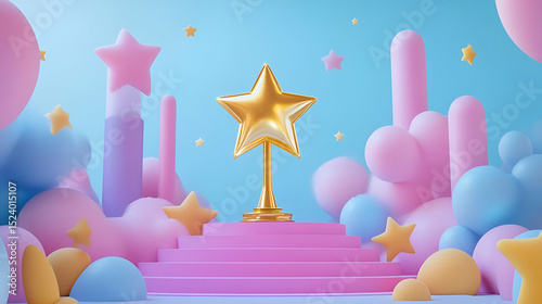 Gold Star Trophy on Pink Podium Pastel Background