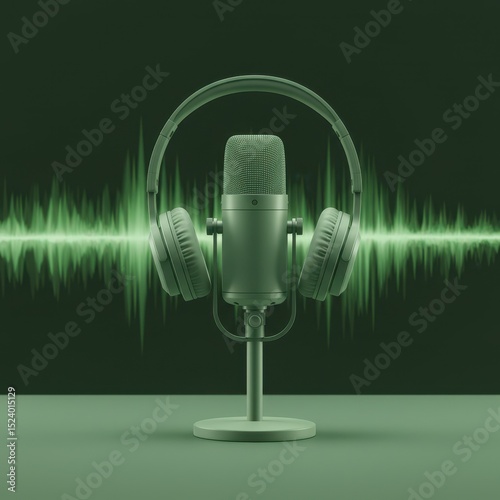 Podcast microphone with headphones and sound waves, on green background