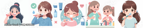 Vector of a girl brushing his teeth.