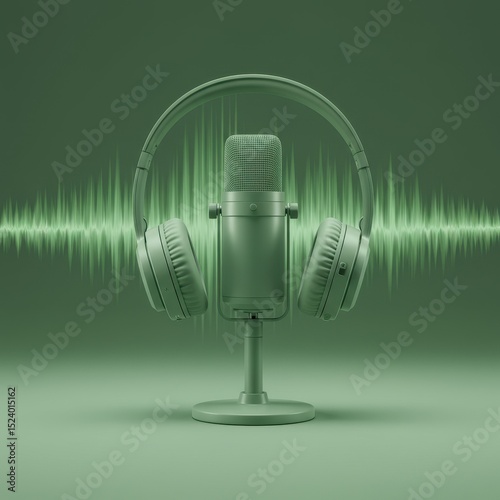 Microphone and headphones with sound wave on green background