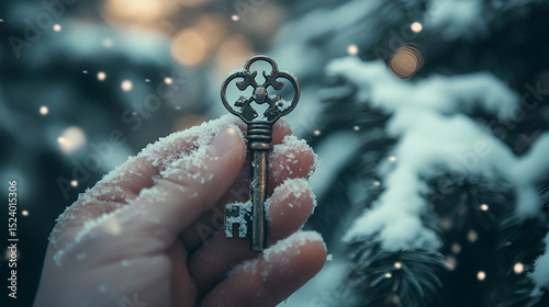 Antique Key Held In Hand Covered With Snow