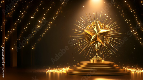 Golden Star Award Podium On Stage With Spotlight And Glitter
