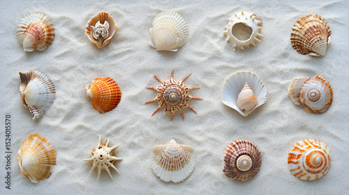 Collection Of Seashells On Light Beige Sand