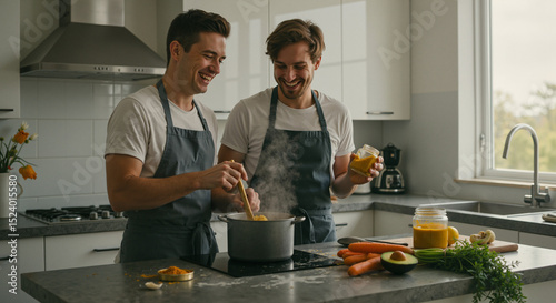 Two young men cooking together joyfully in a modern kitchen filled with fresh ingredients