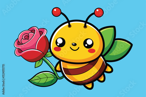 Cute Cartoon Bee Holding a Red Rose on a Light Blue Background