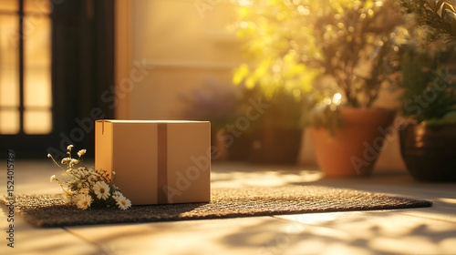 Sunlight on Brown Package with Flowers on Porch
