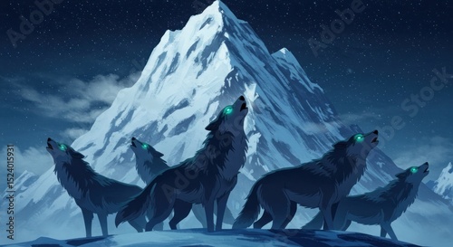 Wolf pack howls beneath a snowy mountain