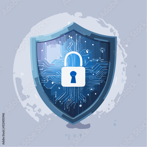 A vector-style shield with a digital lock, binary code background, glowing lines, modern cybersecurity concept, blue and dark tones, flat and clean technology design-generative Ai