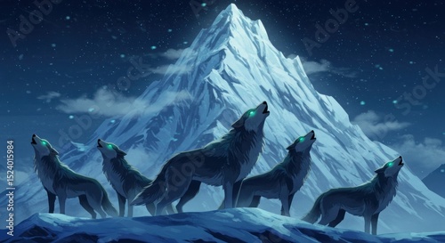 Wolves howl at moonlit mountain peak