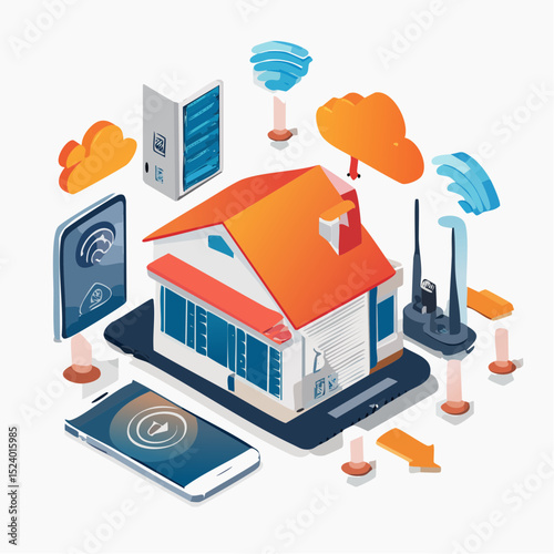 Vector scene of smart home devices interconnected, showing smartphones, AI speakers, smart fridge, cloud symbols, in a flat isometric tech style
-generative AI