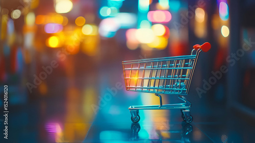 Small Shopping Cart Against Blurry City Night Lights