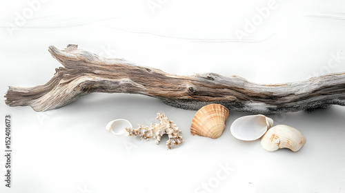 Driftwood And Seashells On White Background
