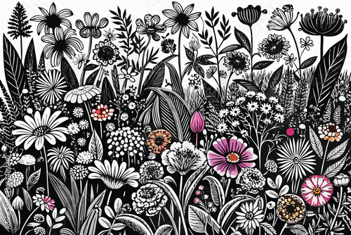 Floral Black and White Illustration with Touches of Pink and Brown