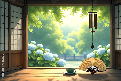 Tranquil Japanese Summer Veranda with Swaying Wind Chime and Garden View