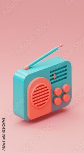 Retro blue and coral radio on pink background