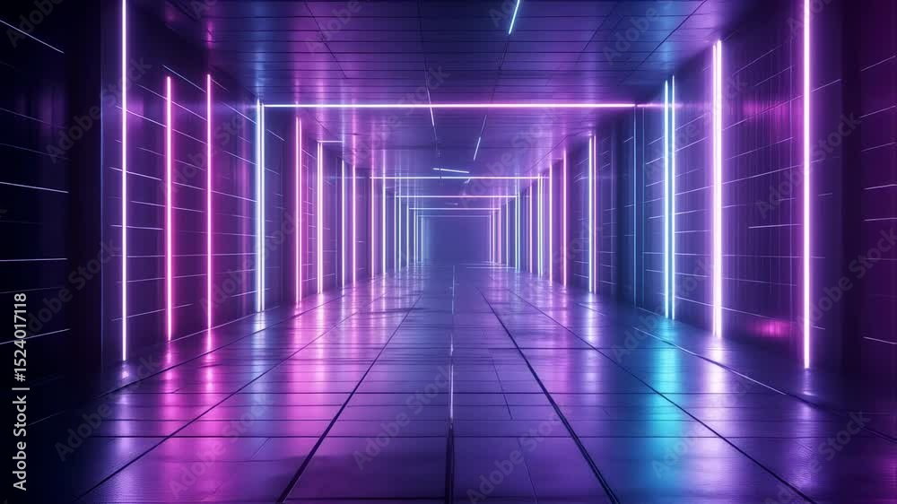 Futuristic neon tunnel background with glowing lines, suitable for technology videos