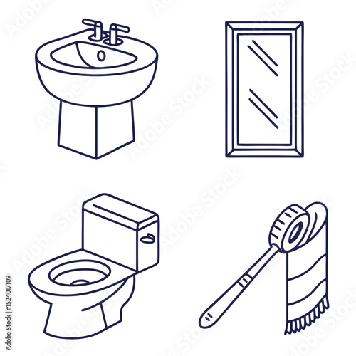 Bathroom essentials line art icons set