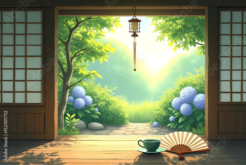 Tranquil Japanese Summer Veranda with Swaying Wind Chime and Garden View