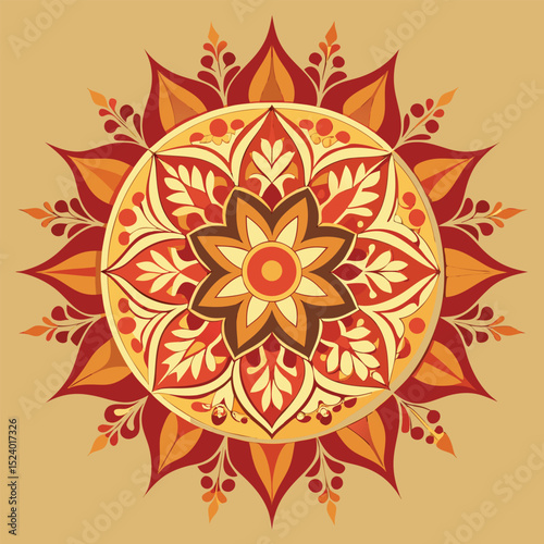 Warm Toned Floral Mandala with Intricate Leaf and Petal Designs