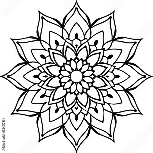 Intricate Floral Mandala Design with Black Outlines and White Fillings