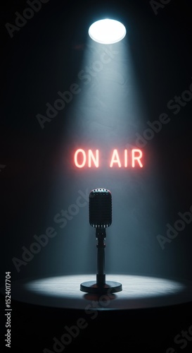 Microphone under spotlight with On Air sign for live broadcast