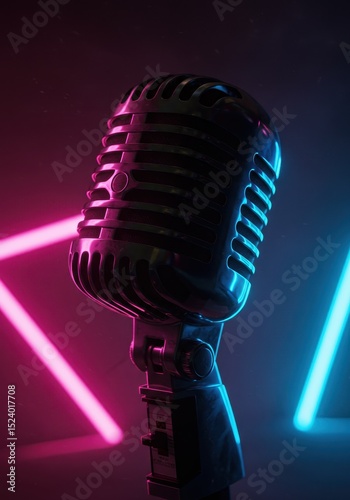 Retro microphone with pink and blue neon lights