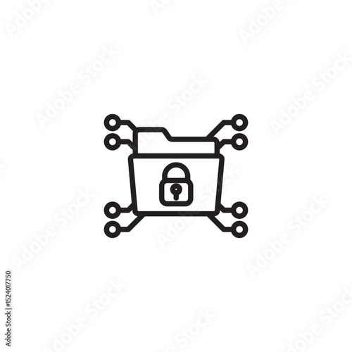 A minimalist line art icon of a file folder with a padlock, connected by lines to six circular nodes, symbolizing a secure folder or encrypted network.
