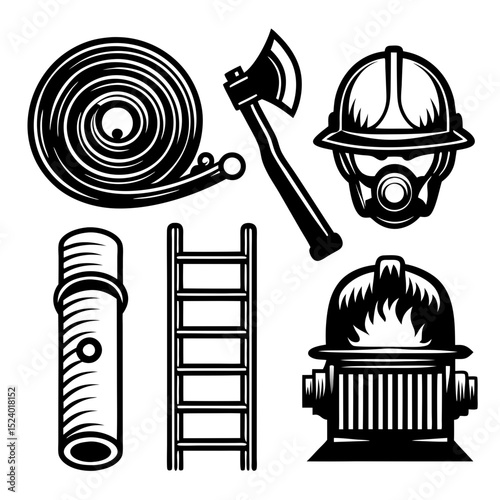 Firefighter equipment icons black and white