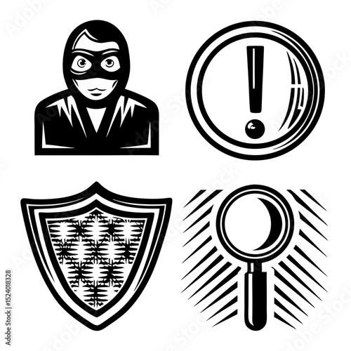 Cyber security icons thief alert shield magnifying glass