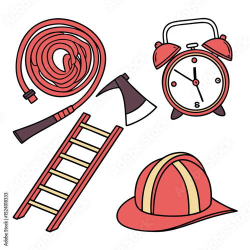 Firefighter equipment and alarm clock illustration