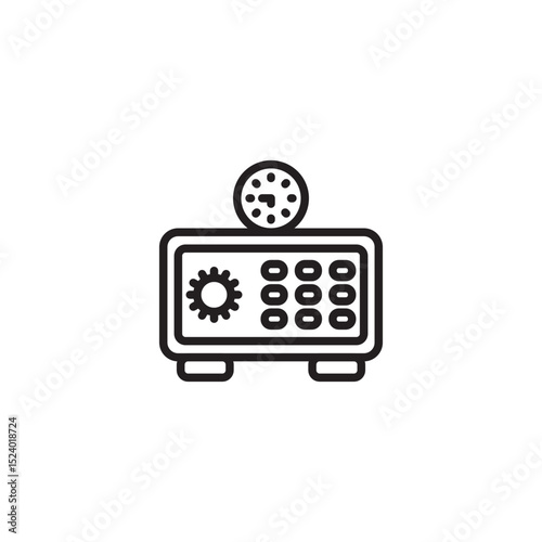 A simple line art icon of a safe or strongbox, featuring a gear, a keypad, and a circular dial on top, representing a secure deposit box or time lock mechanism.