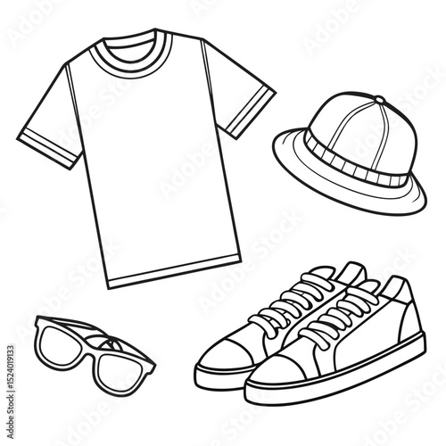 Summer outfit illustration t shirt sneakers hat sunglasses