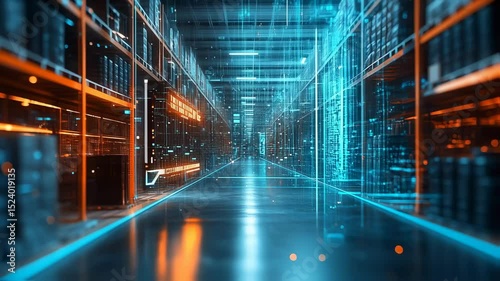 Futuristic Warehouse with Glowing Technology and Organized Shelves for Inventory Management