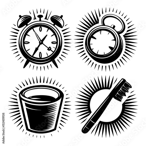 Vintage style morning routine icons alarm clock toothbrush cup