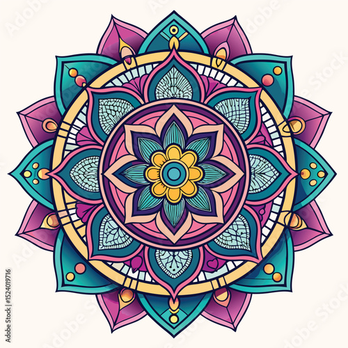 Colorful Mandala Art with Floral Center and Geometrical Patterns on Cream Background