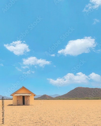 Isolated Yellow House on Dry Desert Landscape Under Clear Blue Sky with White Clouds and Distant Mountains in Background during Bright Daylight