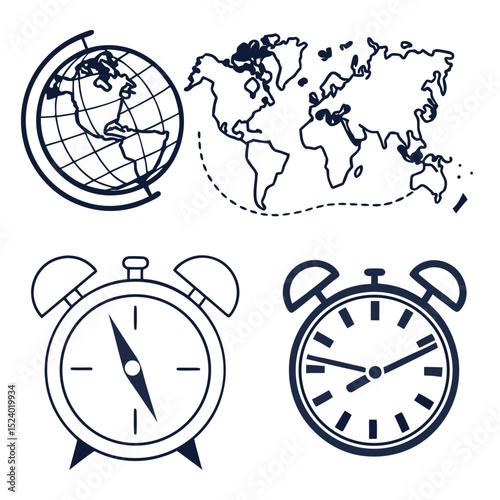 World map globe alarm clock compass travel time