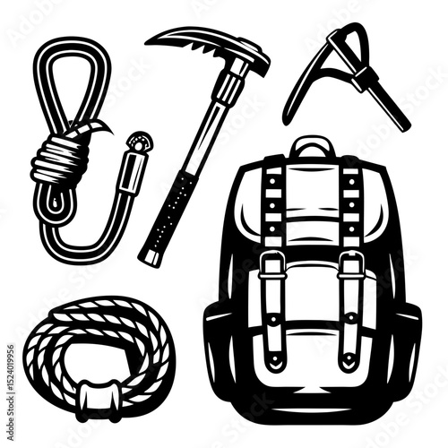 Mountain climbing equipment and backpack illustration