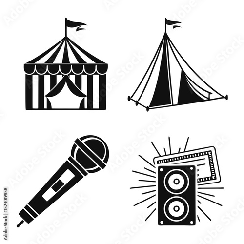Circus tent microphone speakers and ticket icons