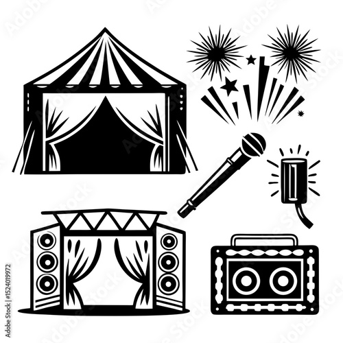 Circus tent stage show performance fireworks icons