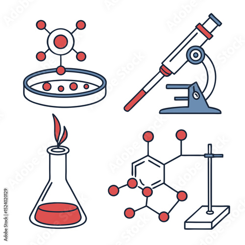 Science icons set microscope molecules lab glassware