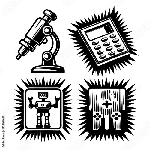 Science technology icons microscope calculator robot game controller