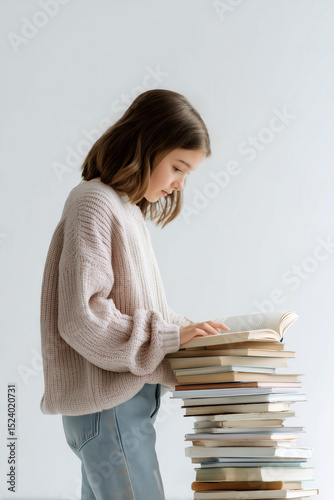 A diligent young reader, positioned in front of an impressive pile of books