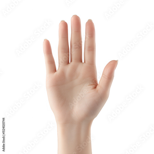 A close-up of a human hand raised with fingers extended, showcasing the palm on a white isolated background.