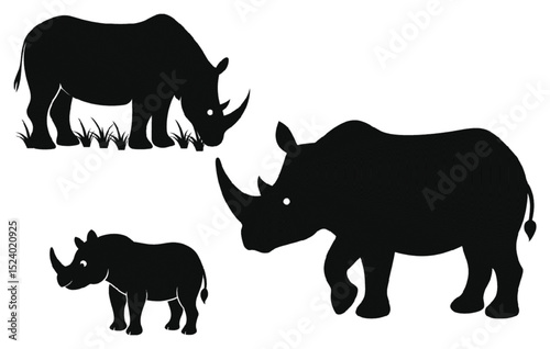vector illustration of rhino and baby rhino who eating grass . grainy noise texture effect summer panthers design seamless colors teal abstract design.
