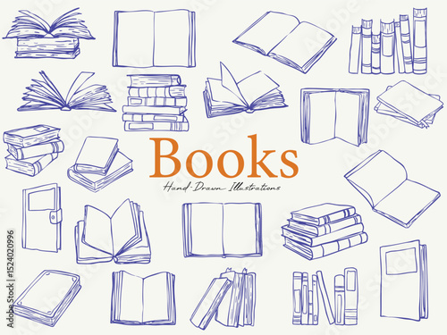 Hand drawn book illustration set featuring open books, stacked books, journals, and textbooks in minimal line art style perfect for education materials, libraries, reading apps, and school designs
