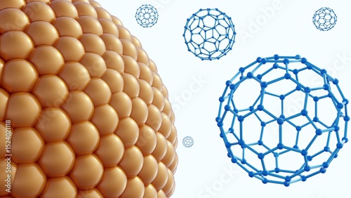 a 3d rendering of the interaction or encapsulation of fullerenes within liposomes, applications in nanotechnology, drug delivery, or materials science.  photo
