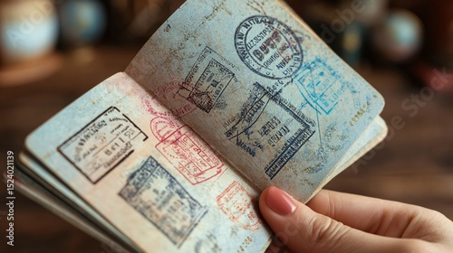 A hand holds a passport open, showing various colorful visa stamps and markings inside pages.