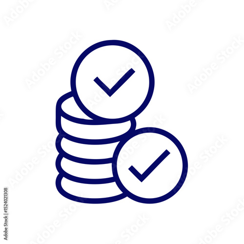 Minimal icon of a stack of coins with checkmarks representing approval  